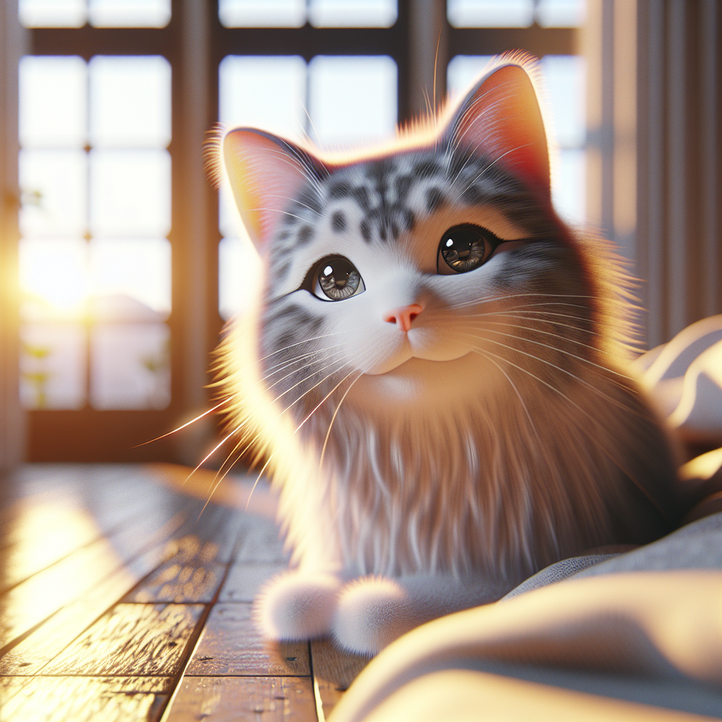 Tabby cat stretching in the morning sun