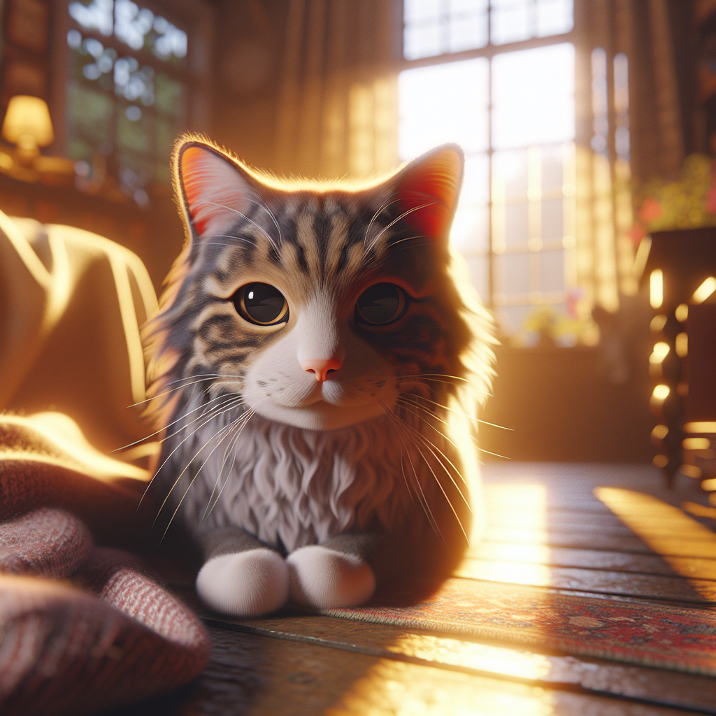 A tabby cat stretching in the morning sun.