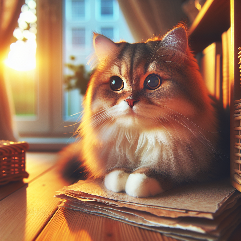 A fluffy tabby cat basking in morning sunlight on a windowsill.