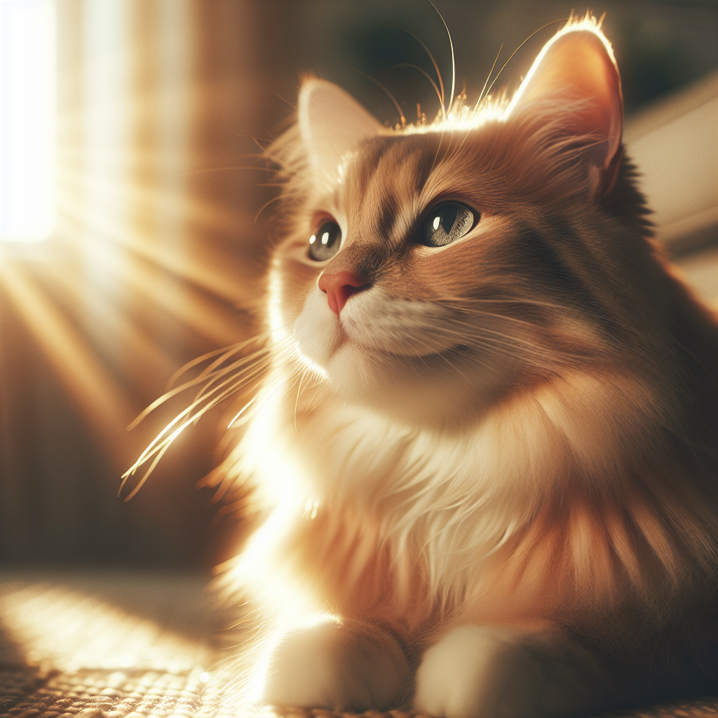 A fluffy cat napping in a sunbeam on the floor.