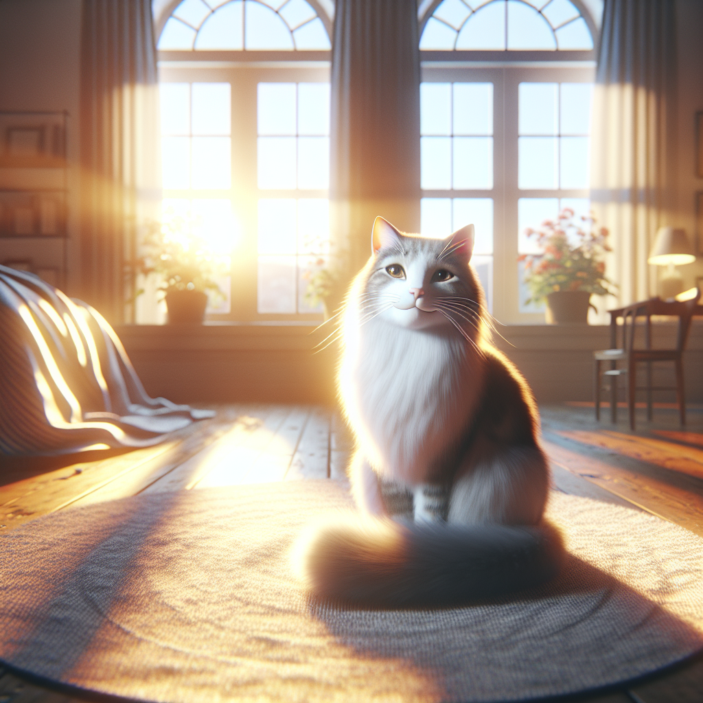 Fluffy grey tabby cat gazing out a sunny window.