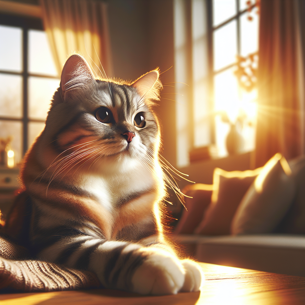Fluffy tabby cat napping in a sunbeam on a carpet.
