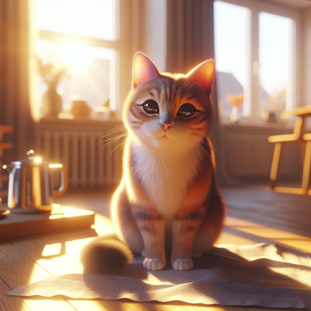 A fluffy cat basking in morning sunlight