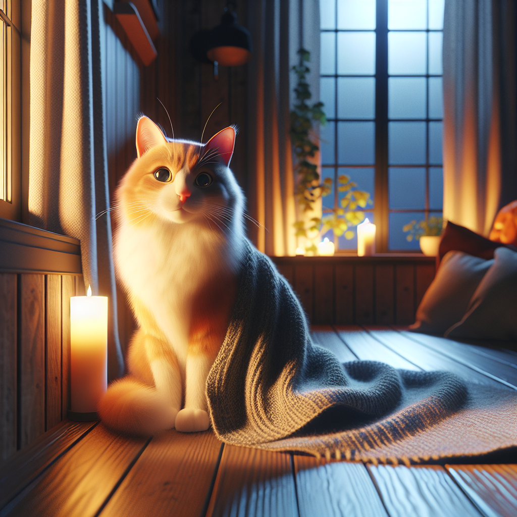 A fluffy tabby cat strolling in a moonlit garden.