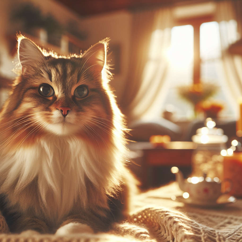 A tabby cat exploring a garden in morning sunlight