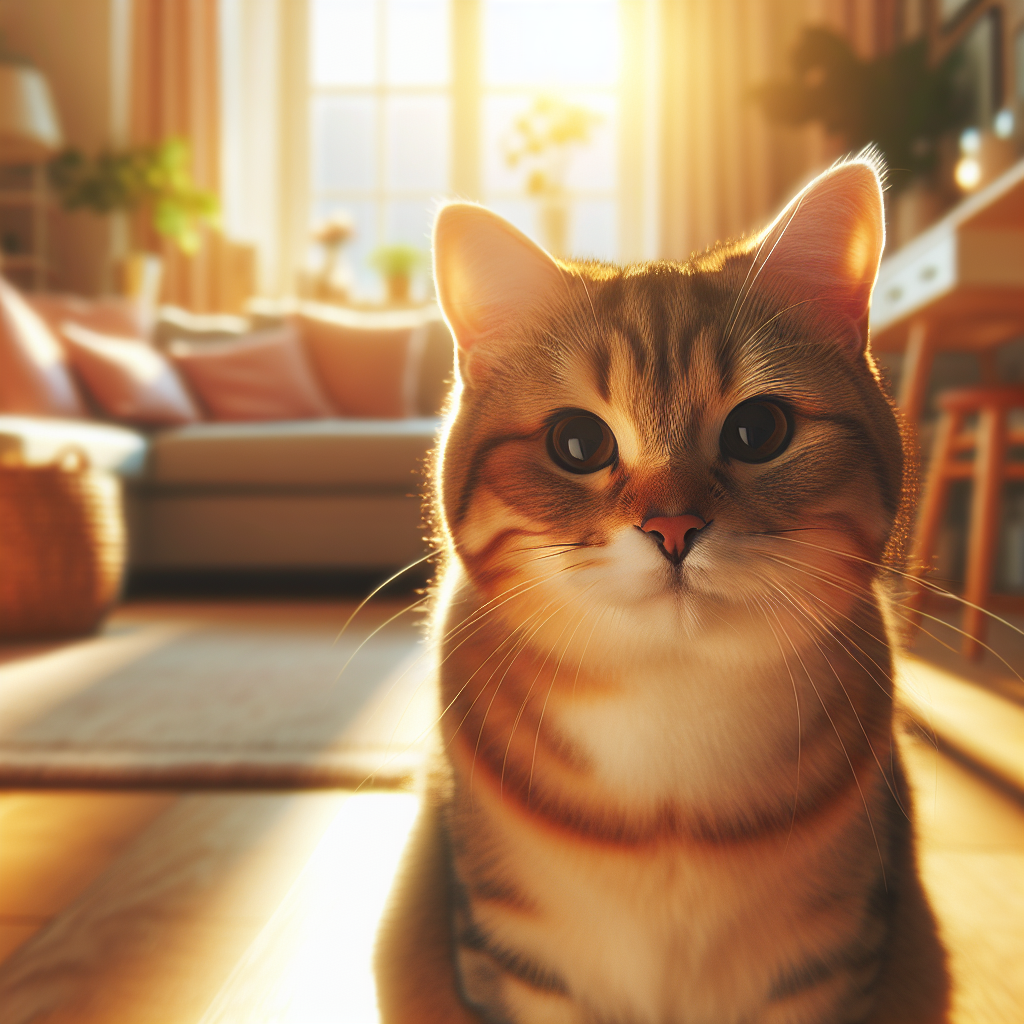 A tabby cat lounging in a sunbeam on a tiled kitchen floor.