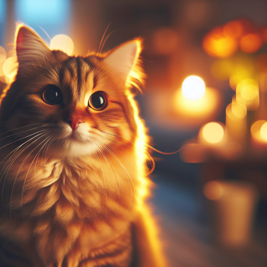 A fluffy tabby cat exploring a garden at dusk.