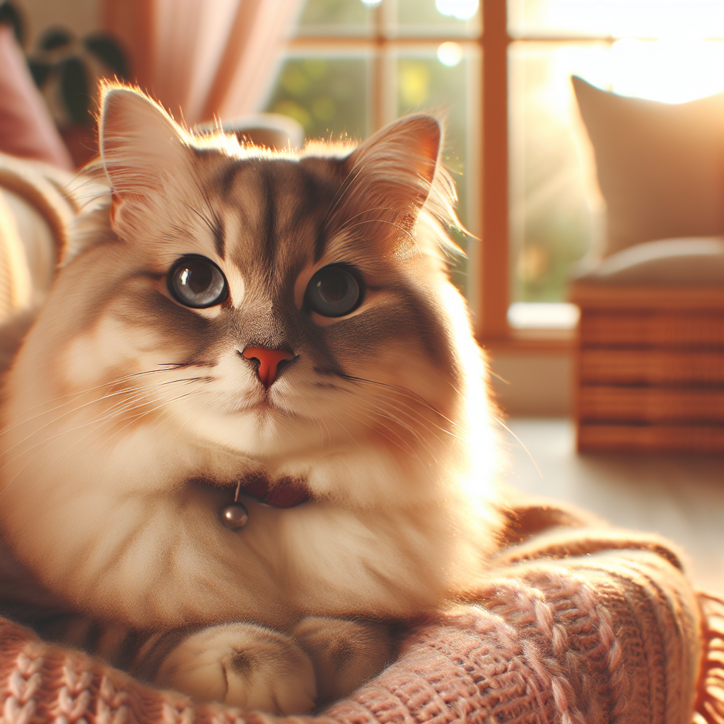 A tabby cat napping in a sunbeam on a carpeted floor.