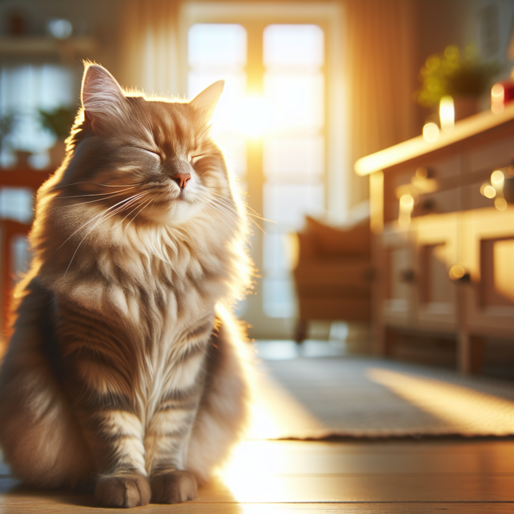 Tabby cat basking in morning sunlight on windowsill