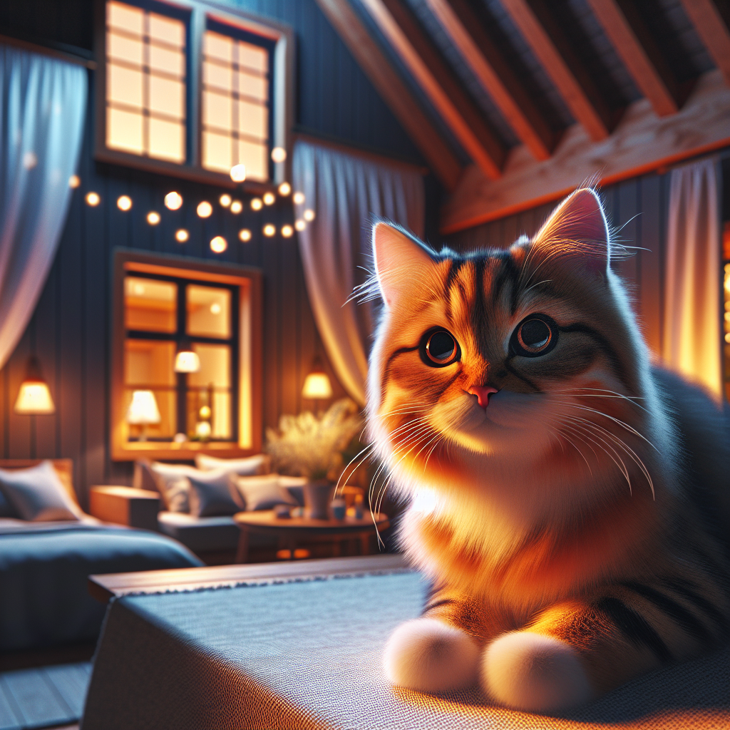 A fluffy tabby cat exploring a moonlit garden.