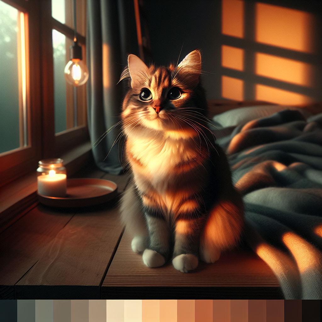 A tabby cat exploring a serene twilight garden.