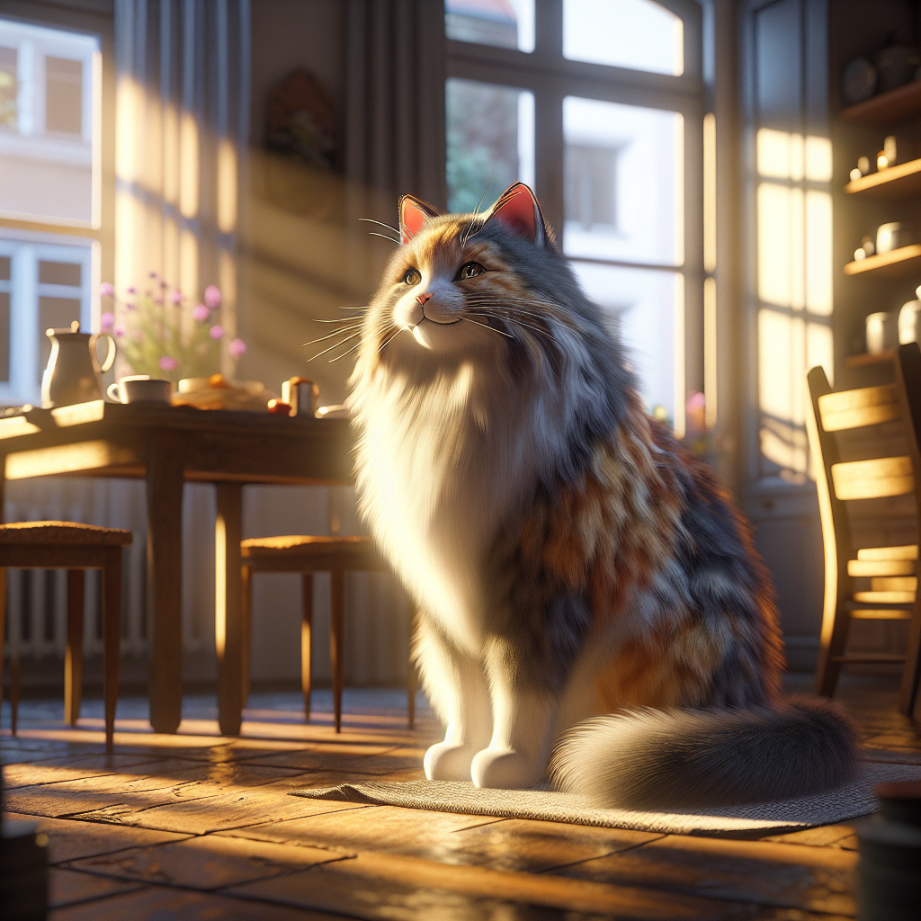 A fluffy tabby cat sitting on a window sill at dawn.