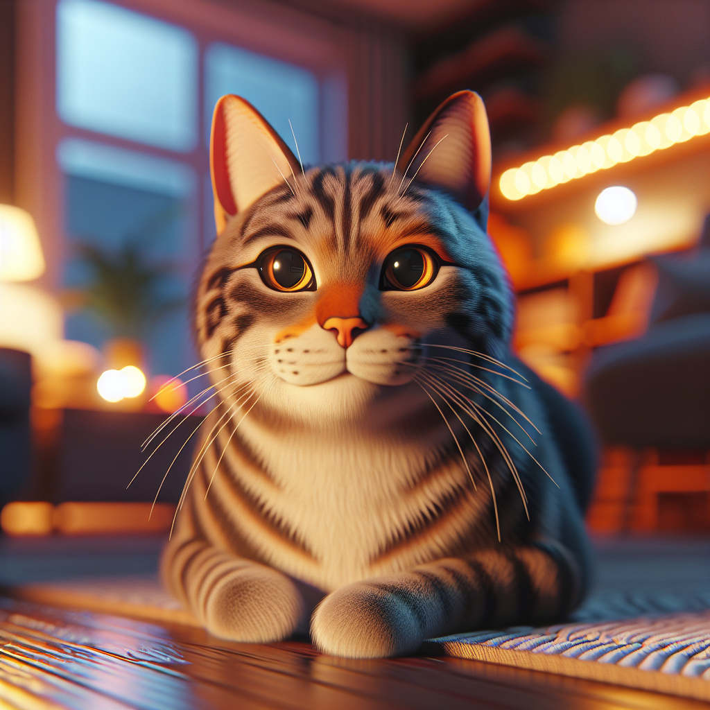 A serene garden scene at dusk with three cats