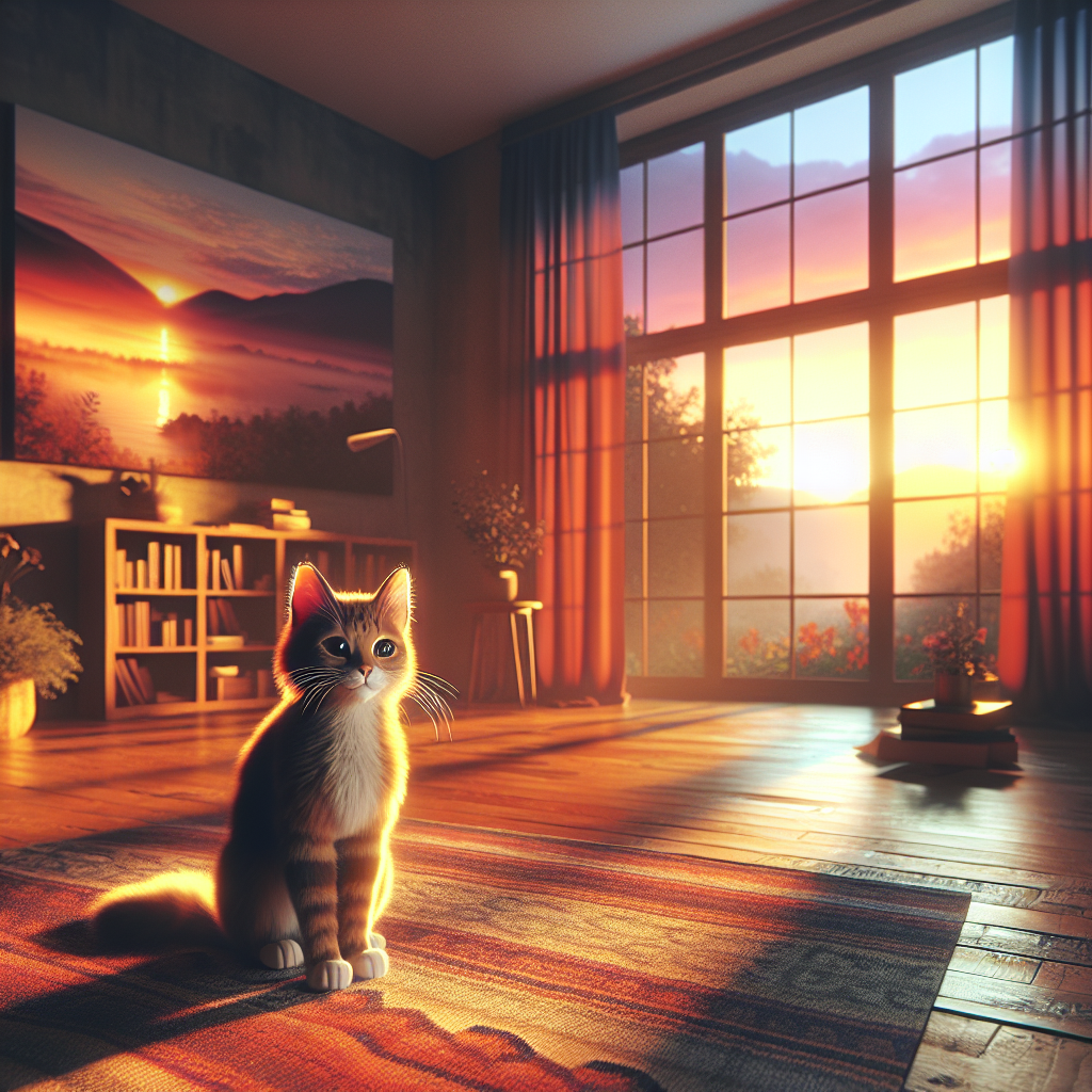 A fluffy grey tabby cat stretching in the morning sun.