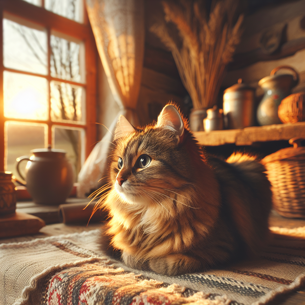 A tabby cat lounging in a sunbeam, eyes half-closed.
