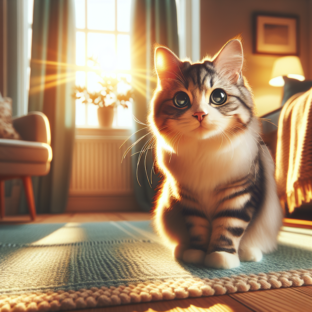 A curious tabby cat observing the morning sunlit garden.
