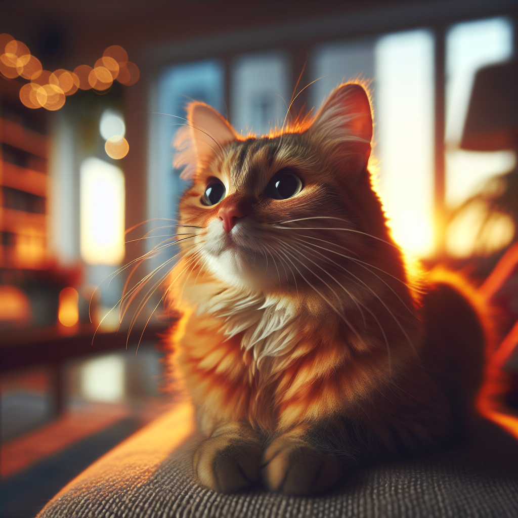 Cozy tabby cat resting in moonlit room