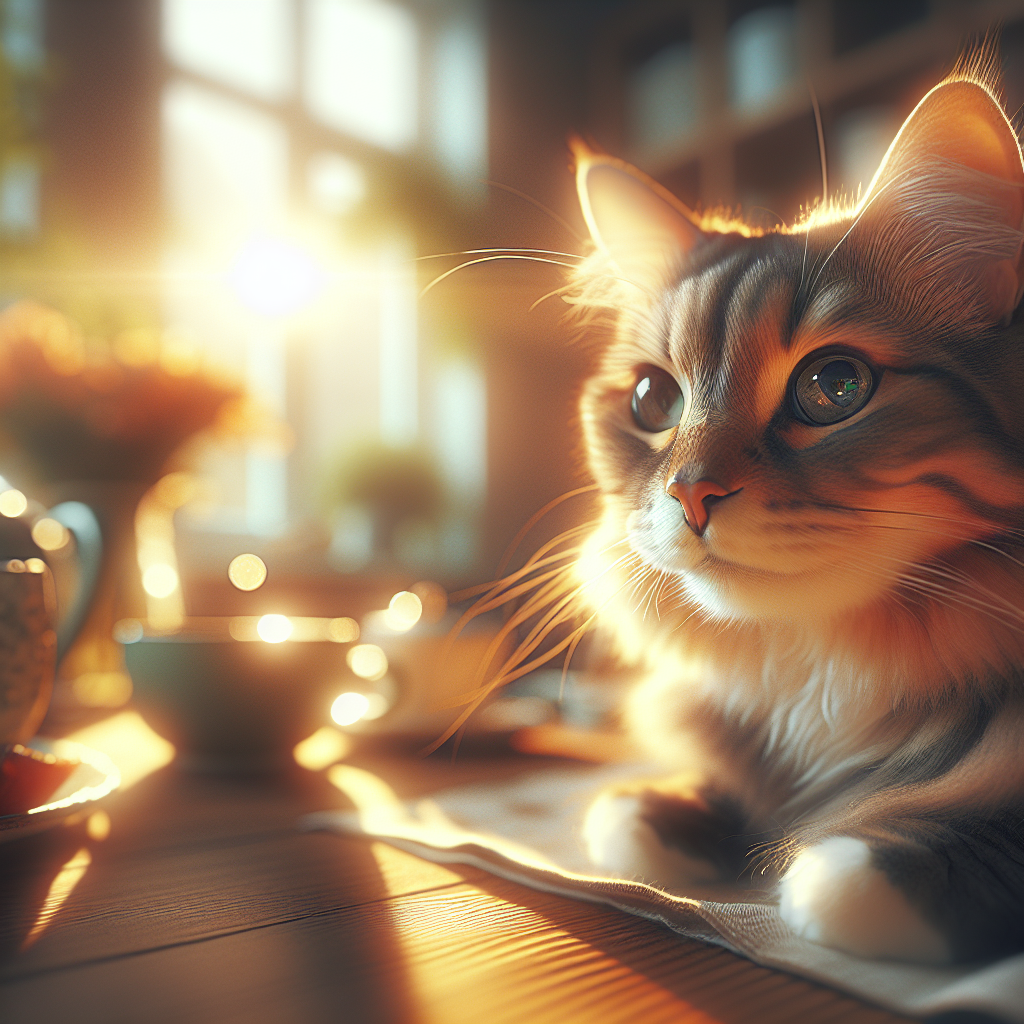 A tabby cat enjoying a morning sunbeam by a window.