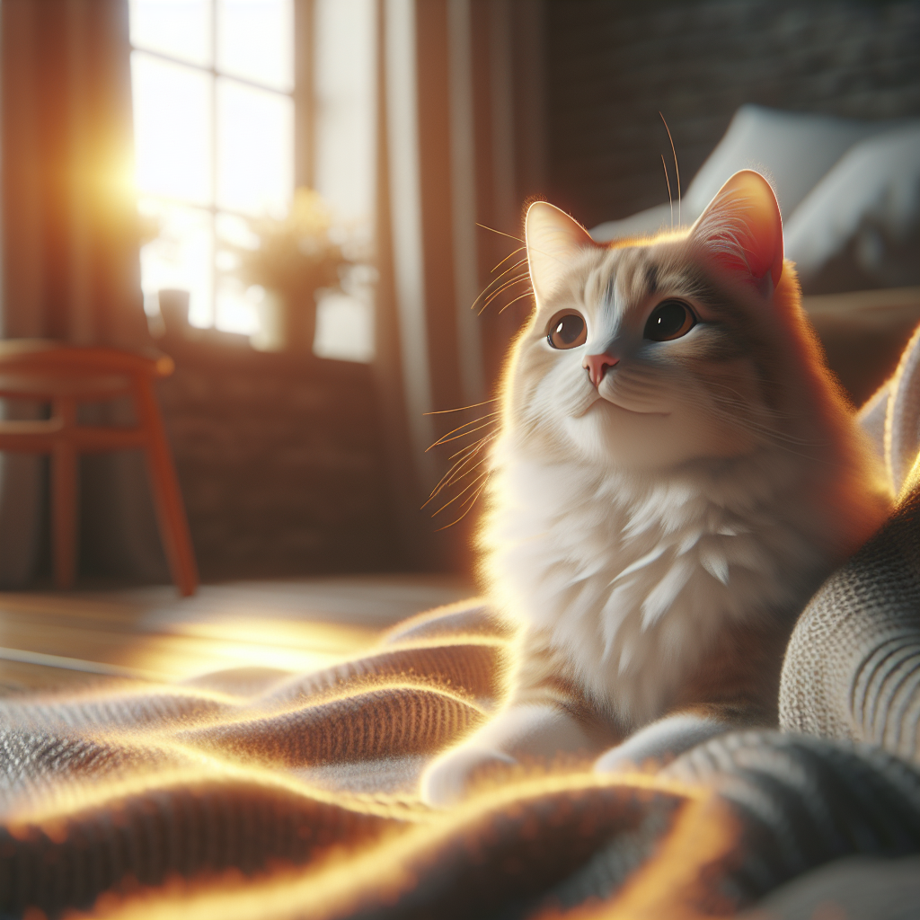 A white cat basking in the morning sun in a garden.