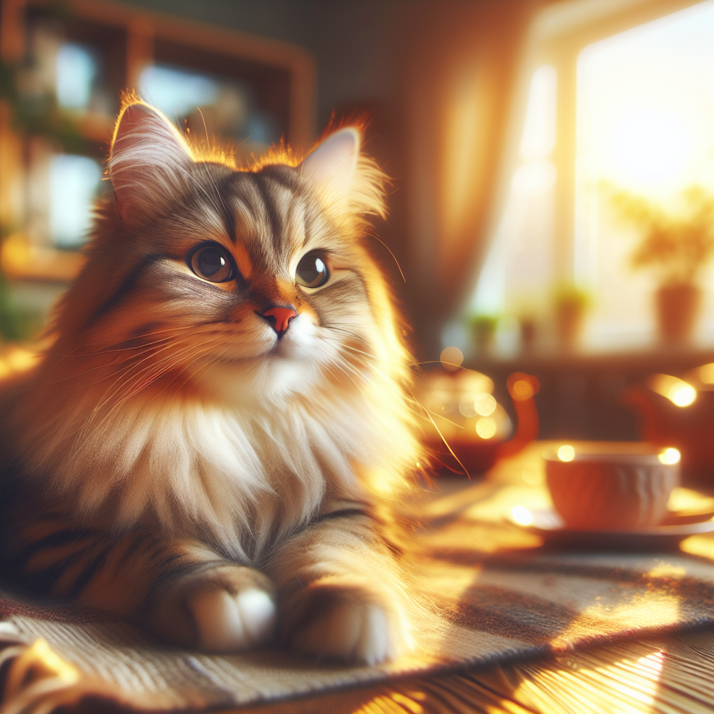 A fluffy tabby cat lounging by the sunny window