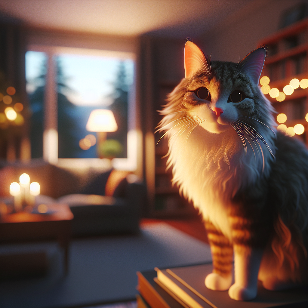 Tabby cat Luna exploring a moonlit garden.