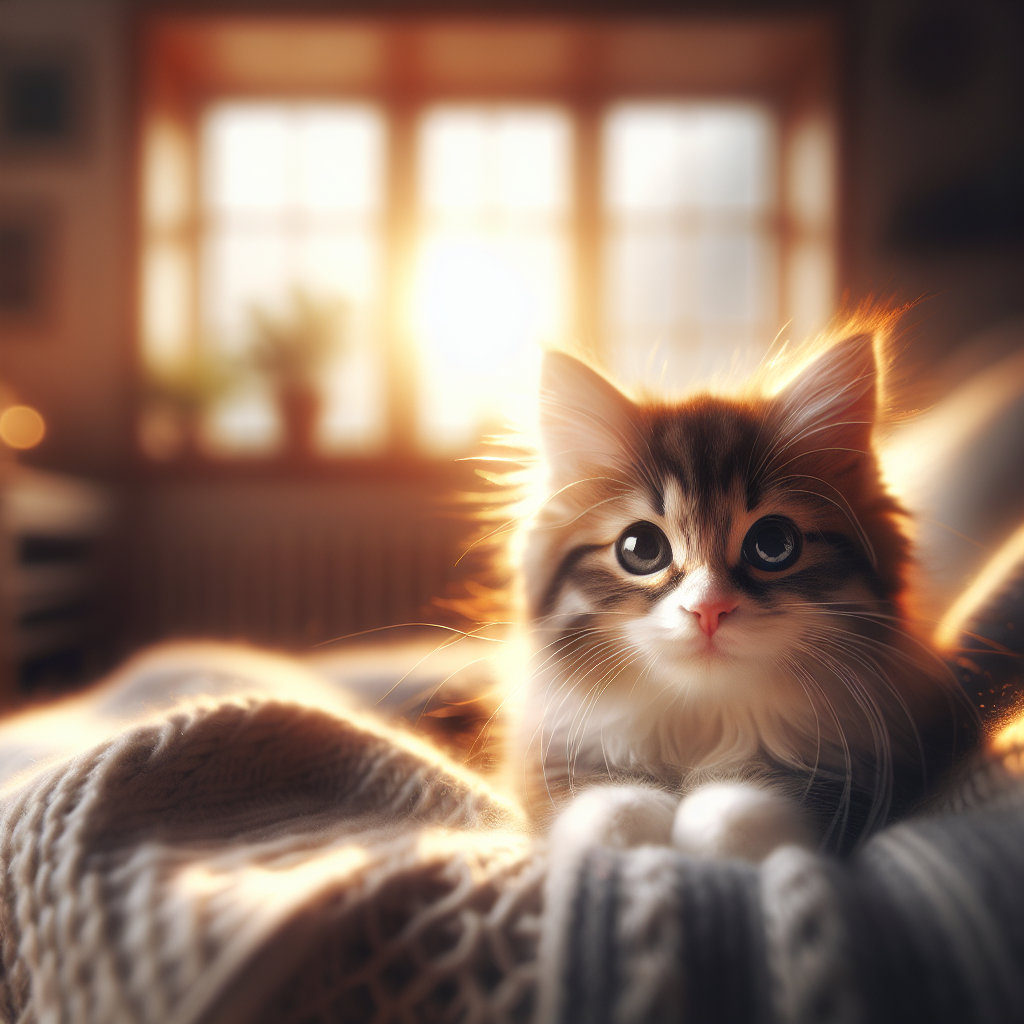 Fluffy tabby cat enjoying the morning sun on a windowsill