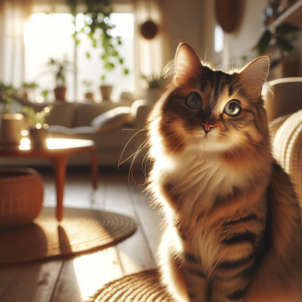 A fluffy tabby cat basking in a sunny window.