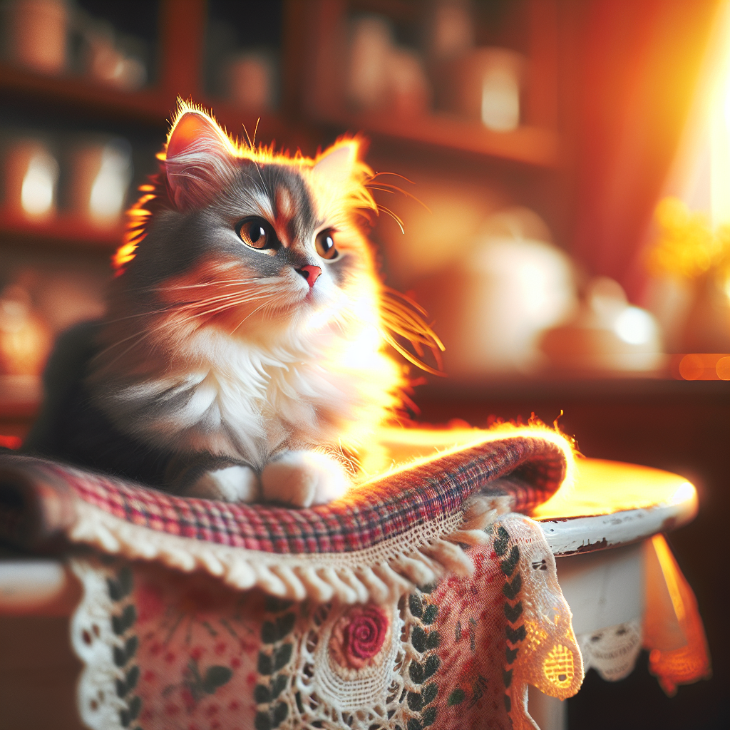 A fluffy tabby cat exploring a sunlit garden.