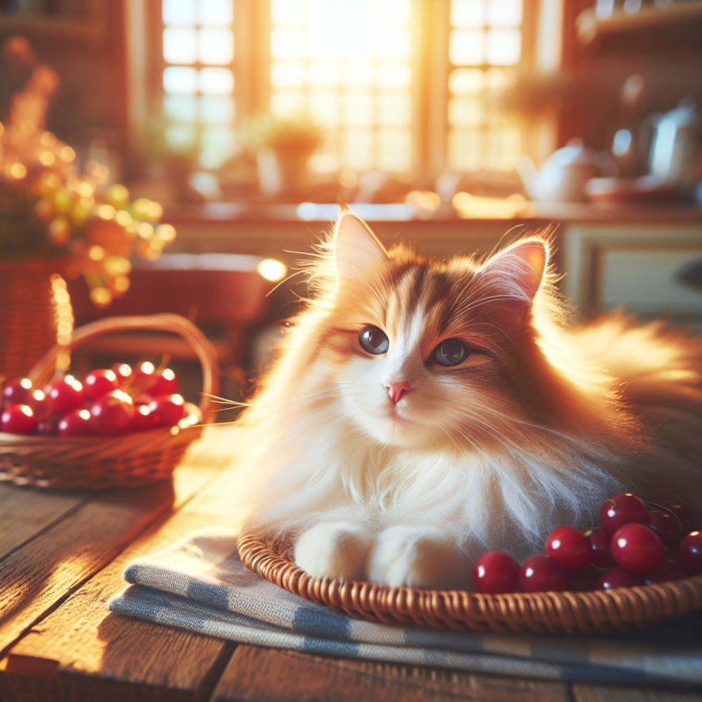 A fluffy tabby cat enjoys the morning sun by a window.