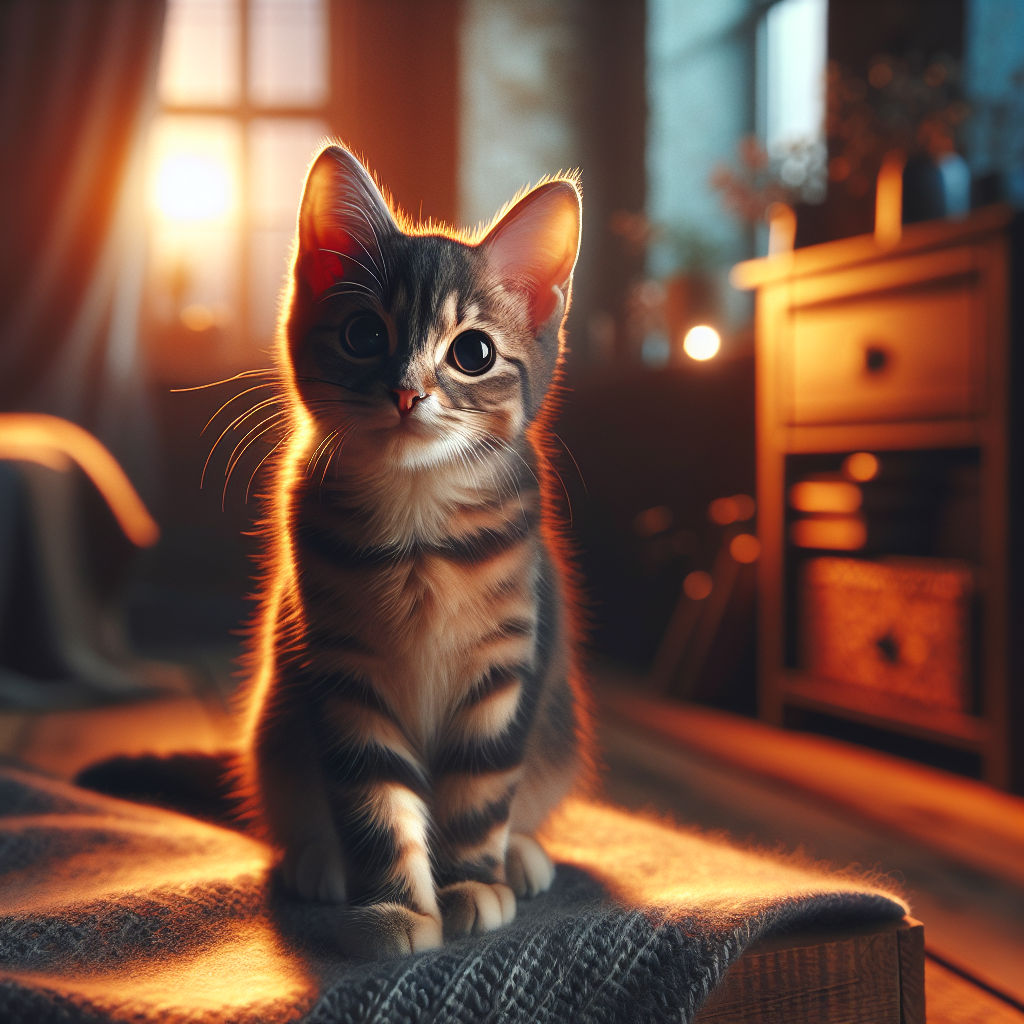 A curious gray tabby cat exploring a garden at night.