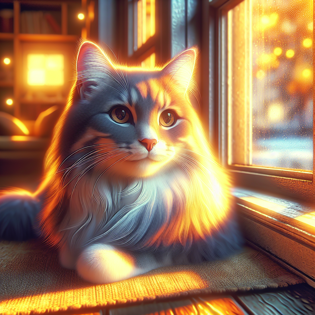 A fluffy tabby cat basking in a warm sunbeam.