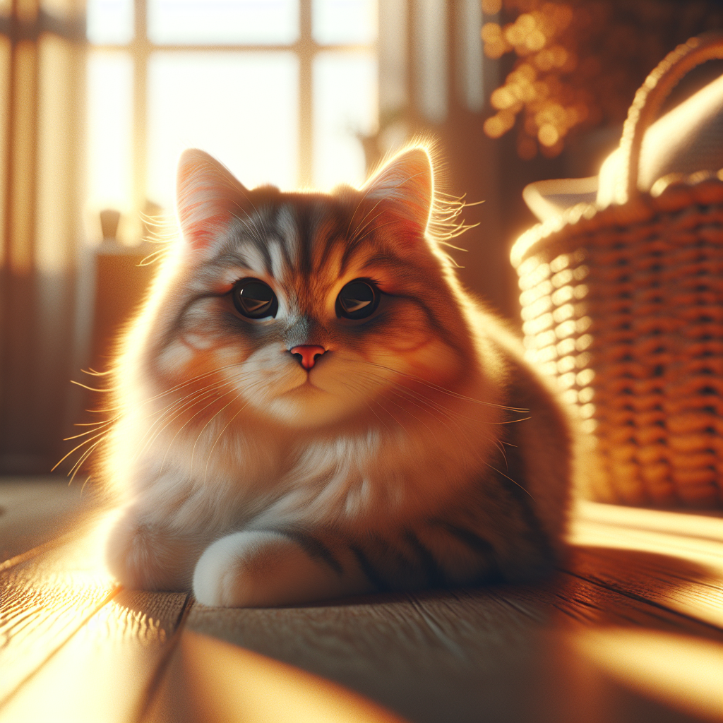A fluffy tabby cat basking in the sunlight by a window.