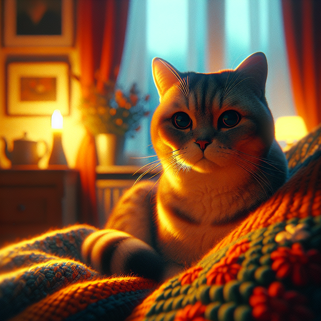 A fluffy tabby cat in a garden at night