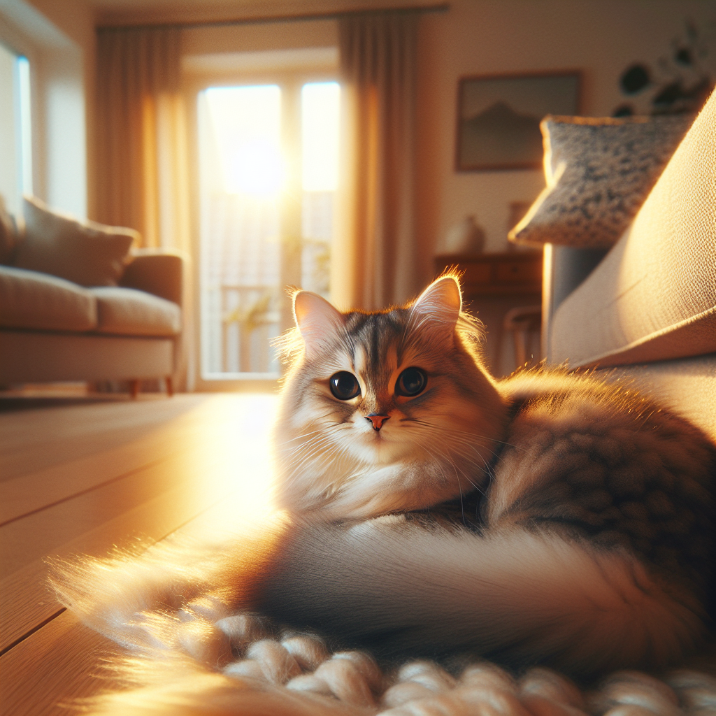 A fluffy tabby cat lounging in a sunbeam.