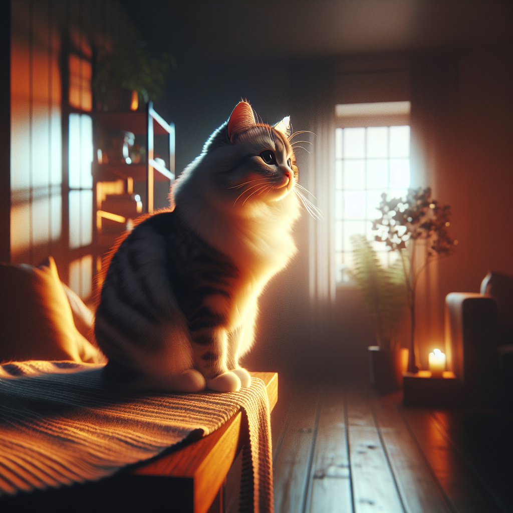 Tabby cat exploring a garden at dusk