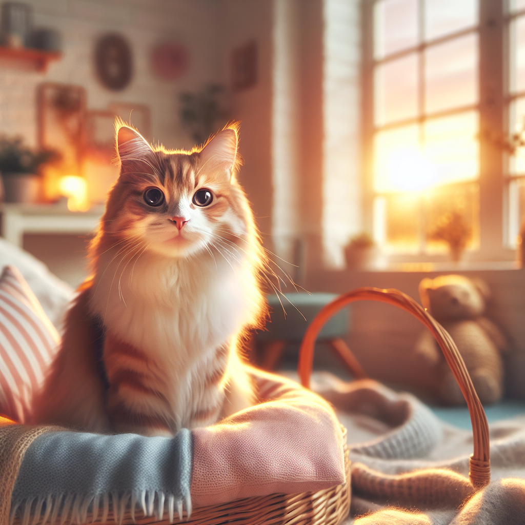 Tabby cat lounging in sunlight near a breakfast table.