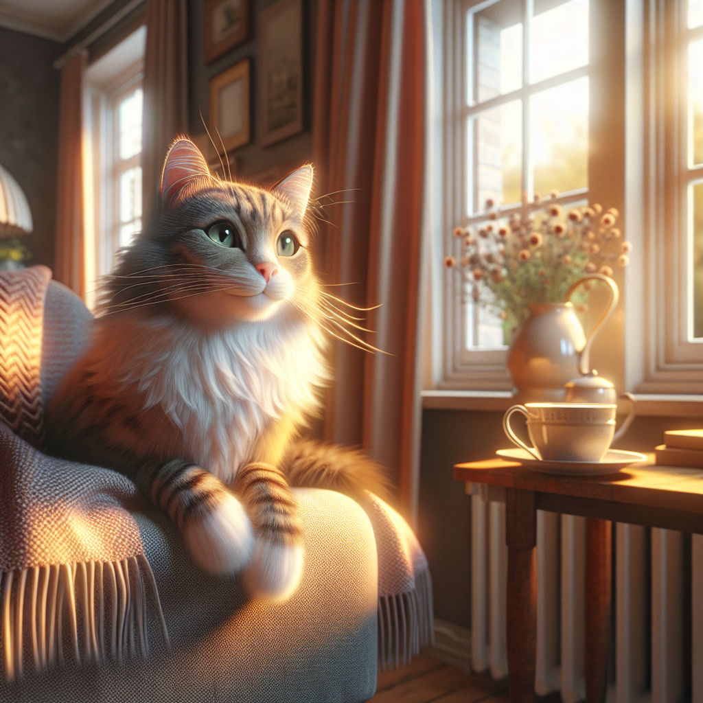A tabby cat lounging on a sunny windowsill, eyes half-closed.