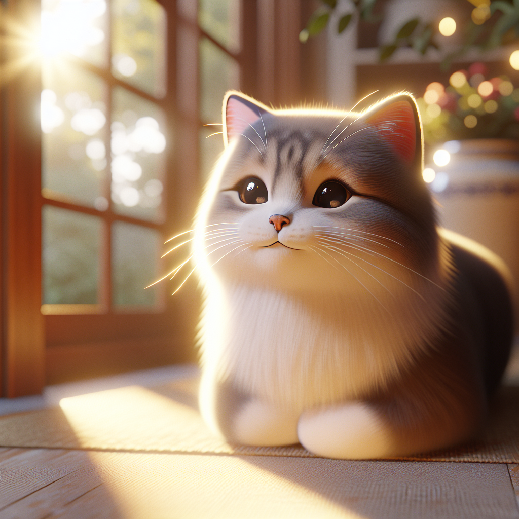 A fluffy tabby cat basking in a morning sunbeam.