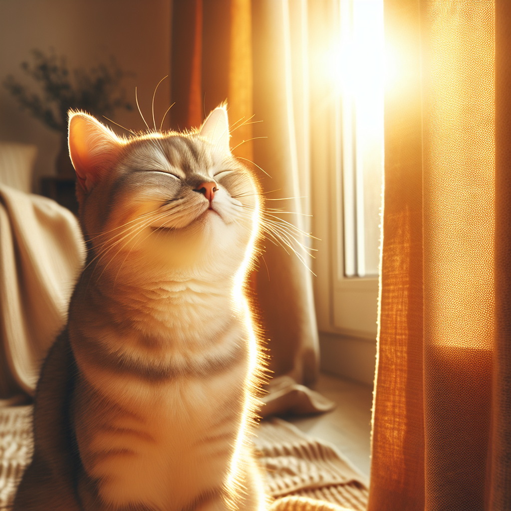 Tabby cat enjoying morning sunbeam on a windowsill