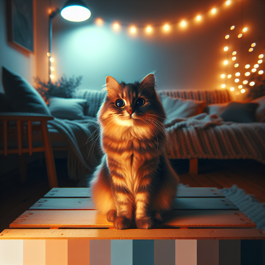 A fluffy tabby cat exploring a garden at night.