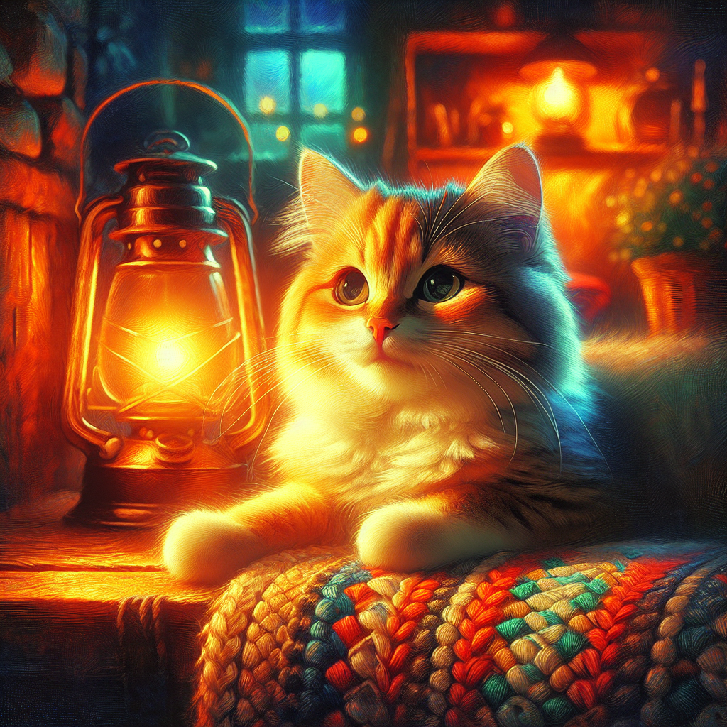 A tabby cat with luminous eyes exploring a moonlit garden.