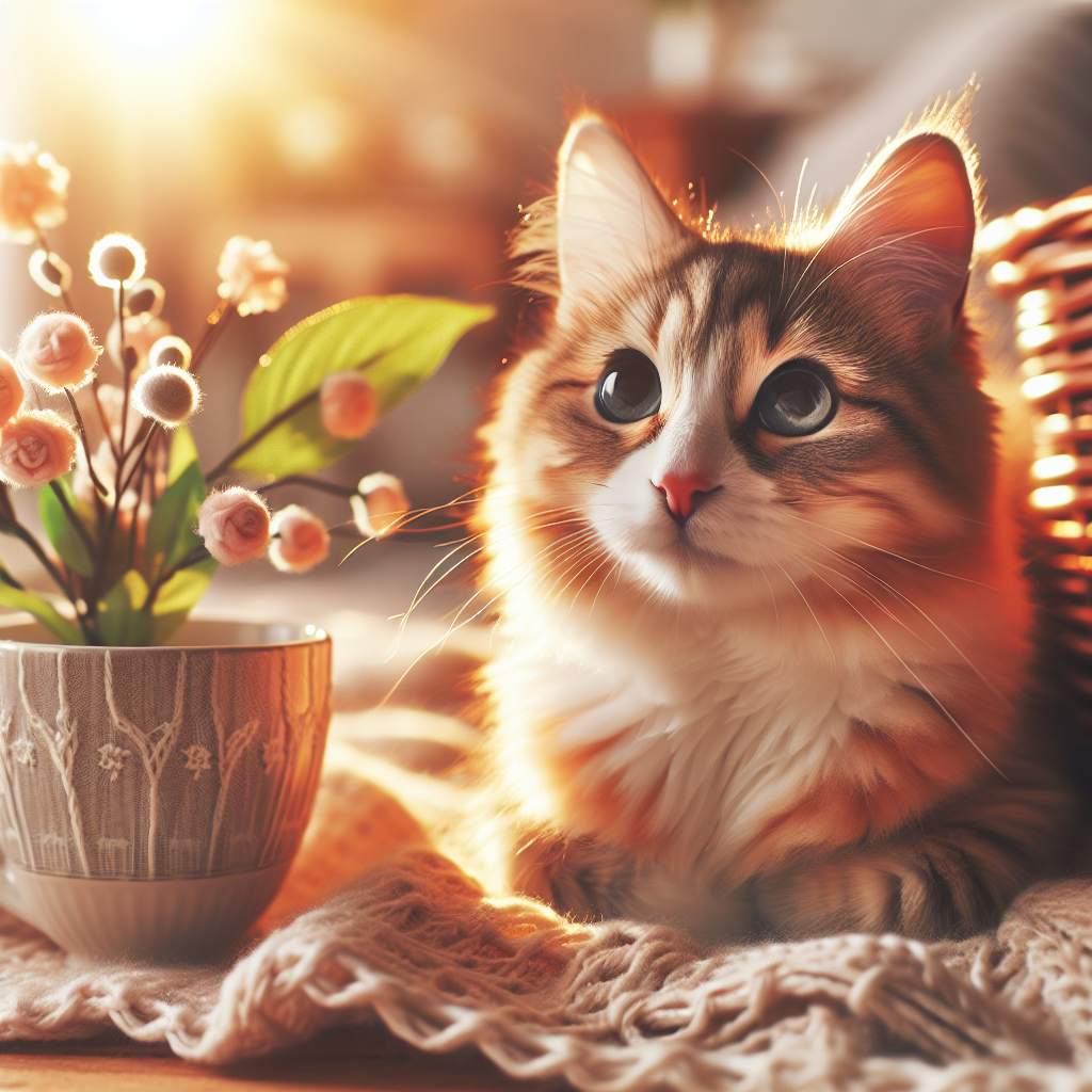 A fluffy tabby cat basking in morning sunlight.