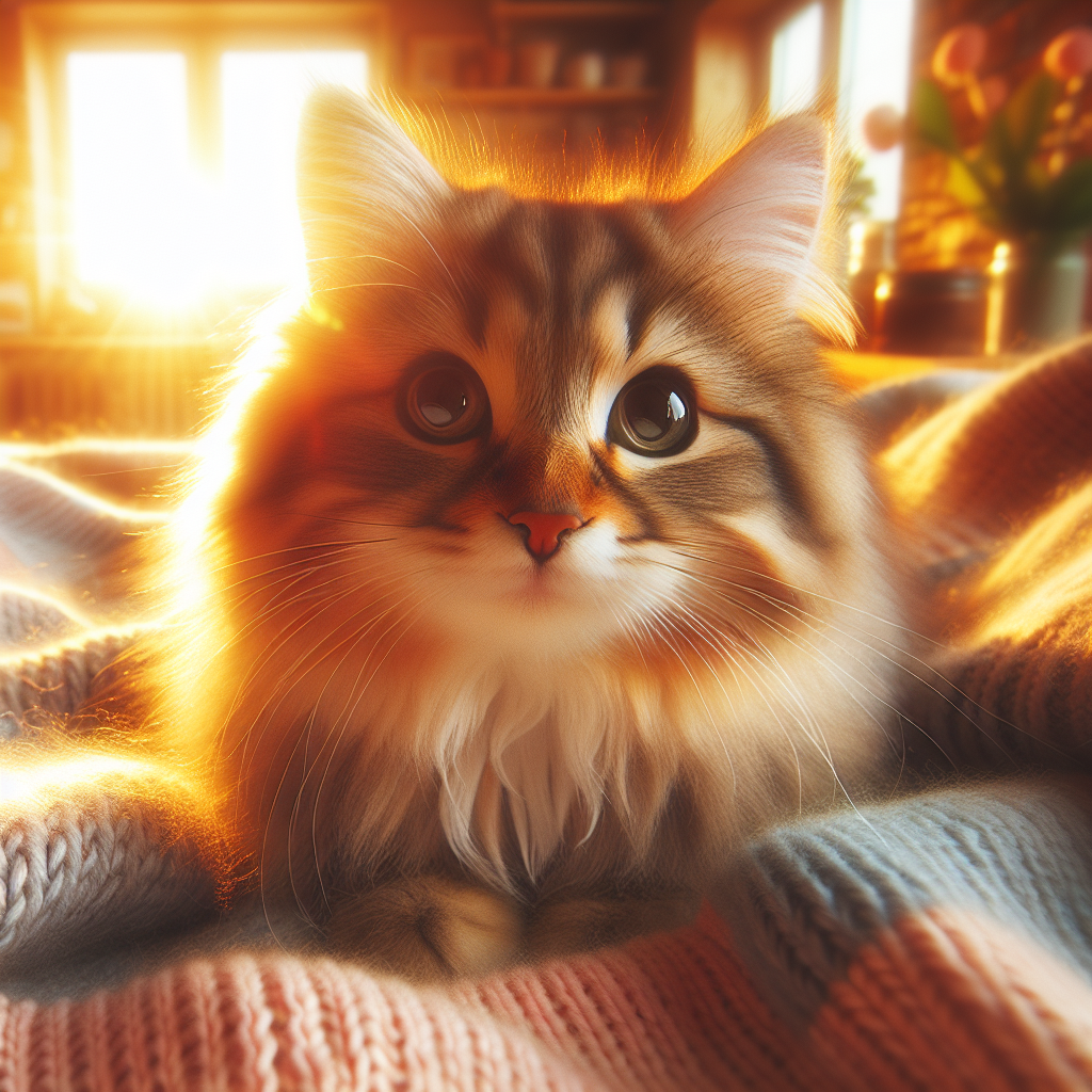 Fluffy tabby cat with bright eyes in a sunbeam