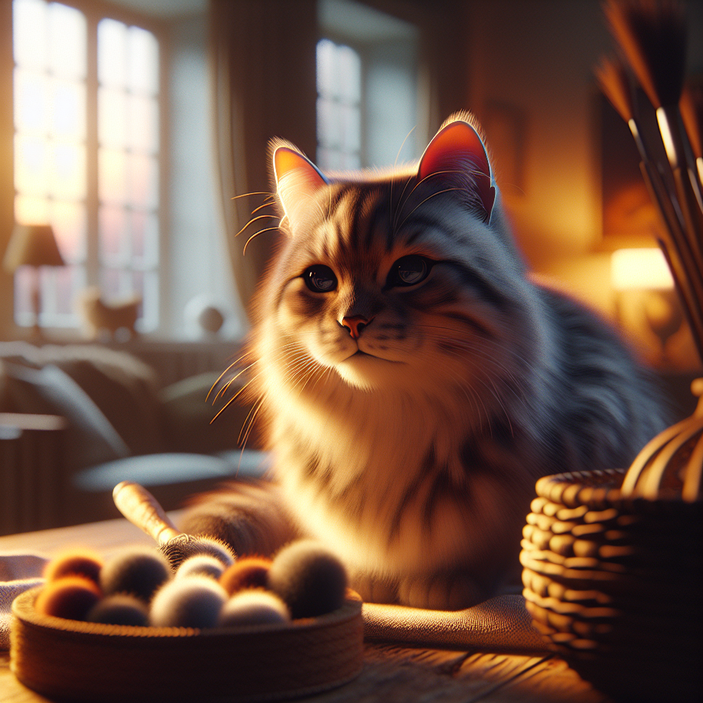 A tabby cat exploring a garden under the evening sky.