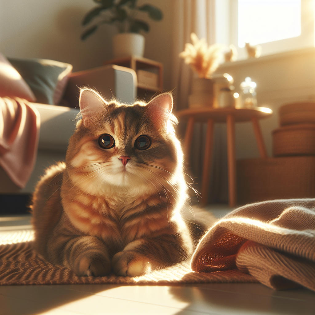 Cozy tabby cat basking in morning sunlight by a window.