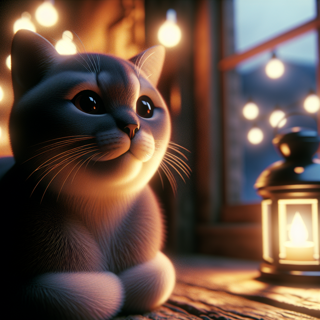 Tabby cat exploring a moonlit garden with fireflies