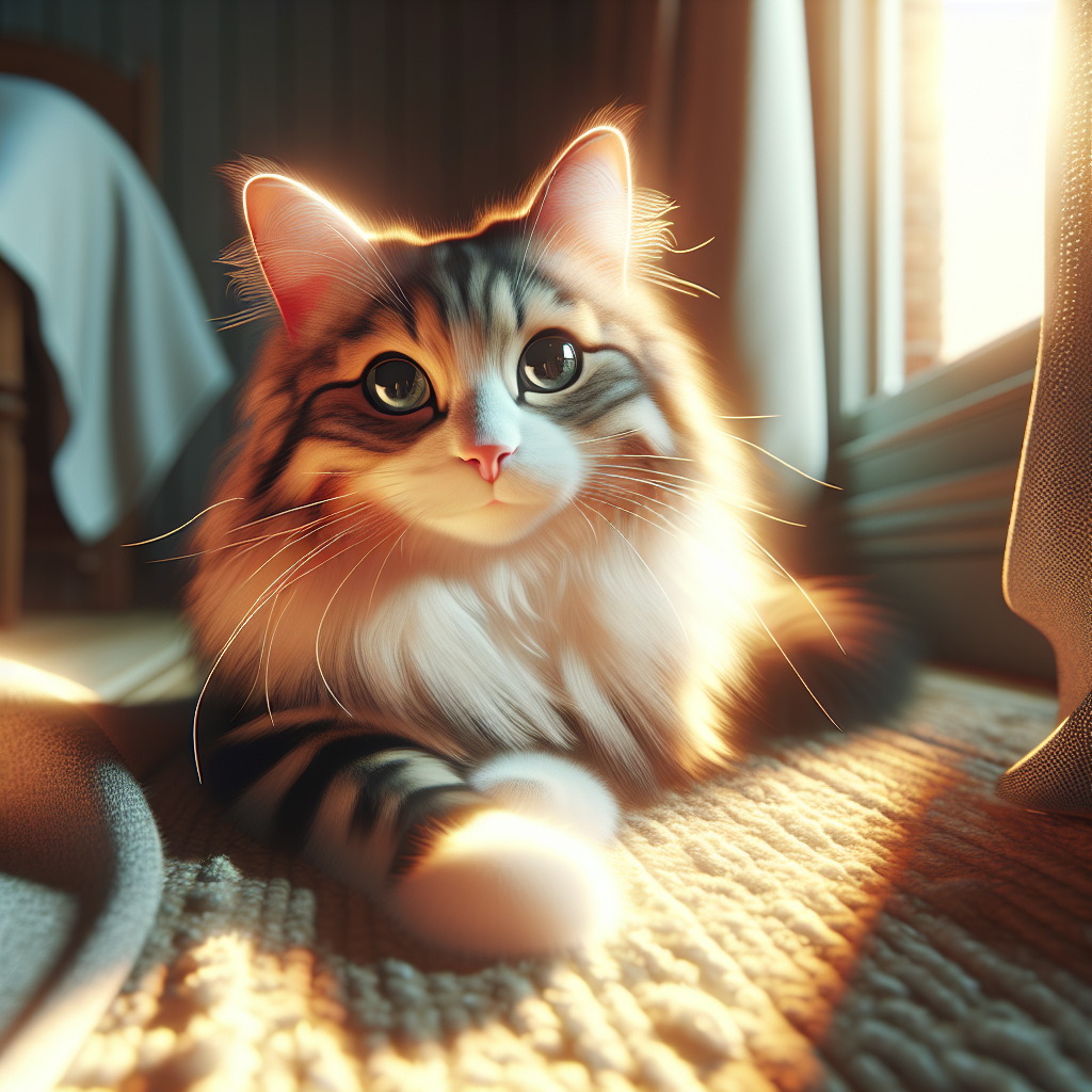 Tabby cat sitting on a windowsill bathed in morning sunlight