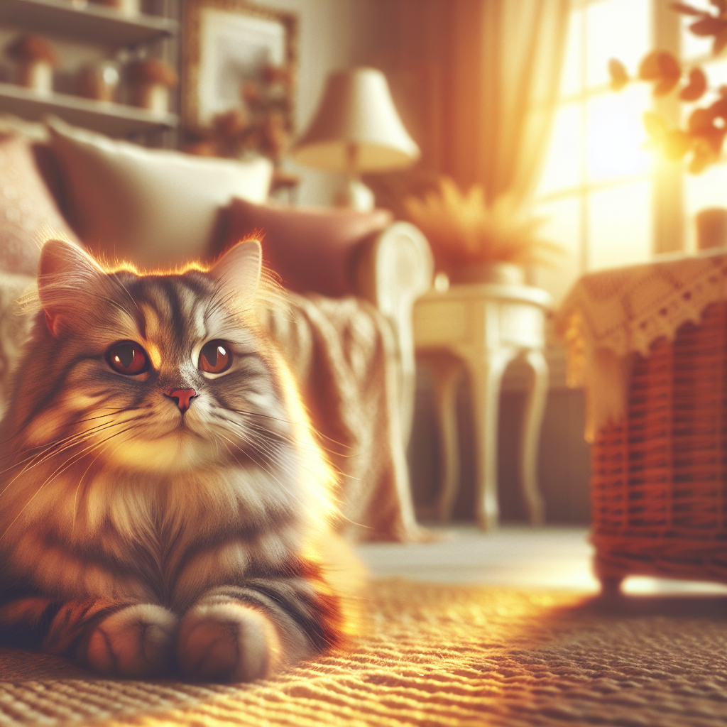 Fluffy tabby cat basking in the sun by a window