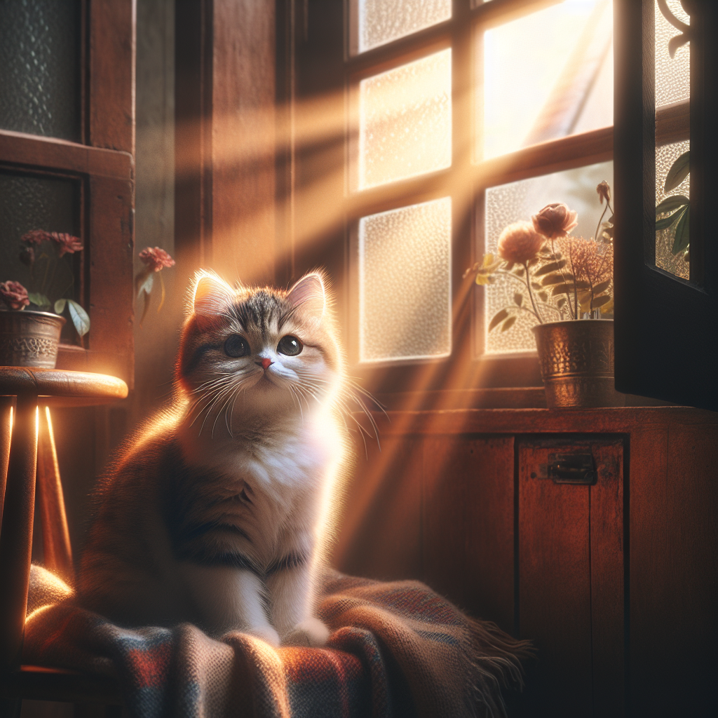 Fluffy tabby cat with vibrant green eyes gazing out a sunny window.