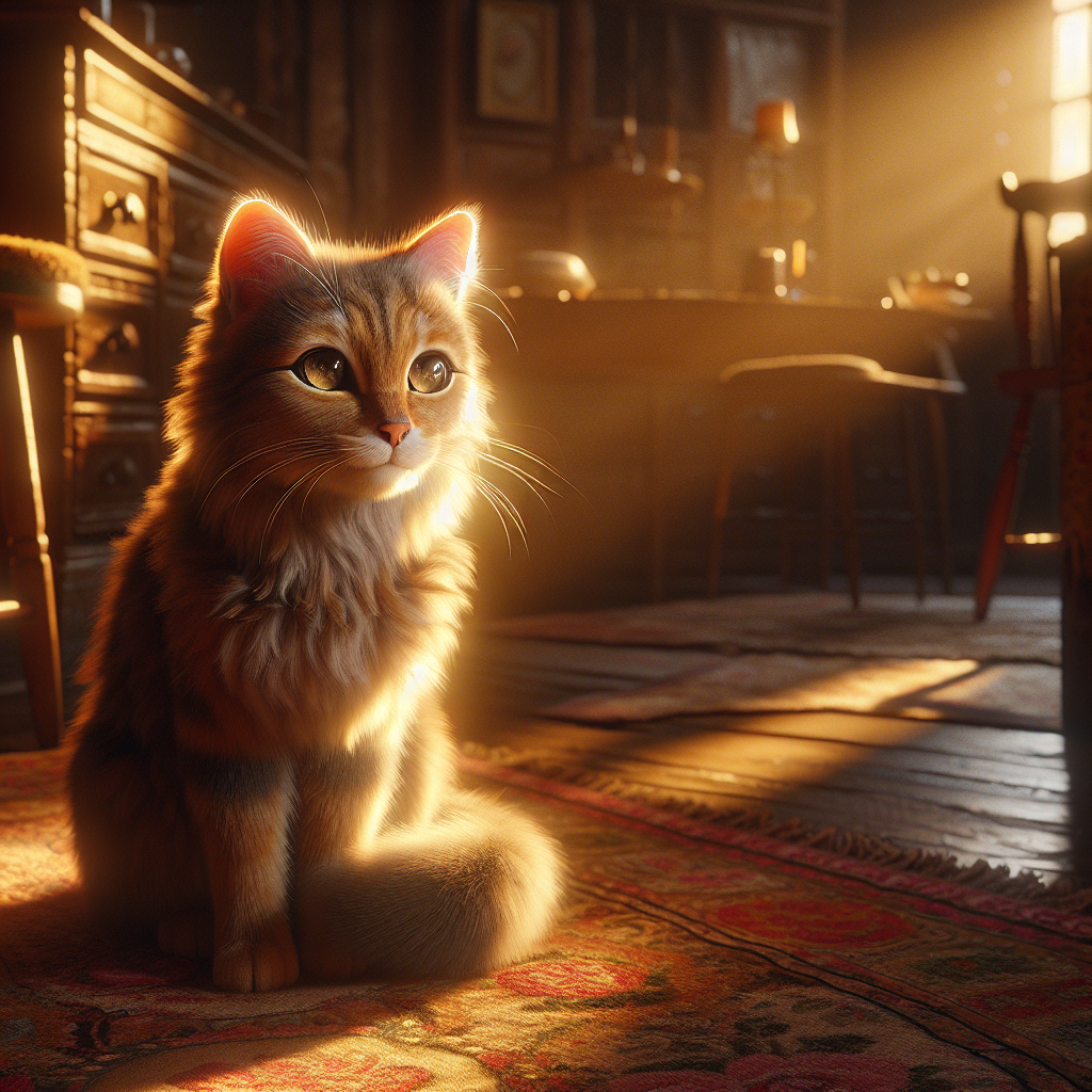 A fluffy gray tabby cat basking in morning sunlight.